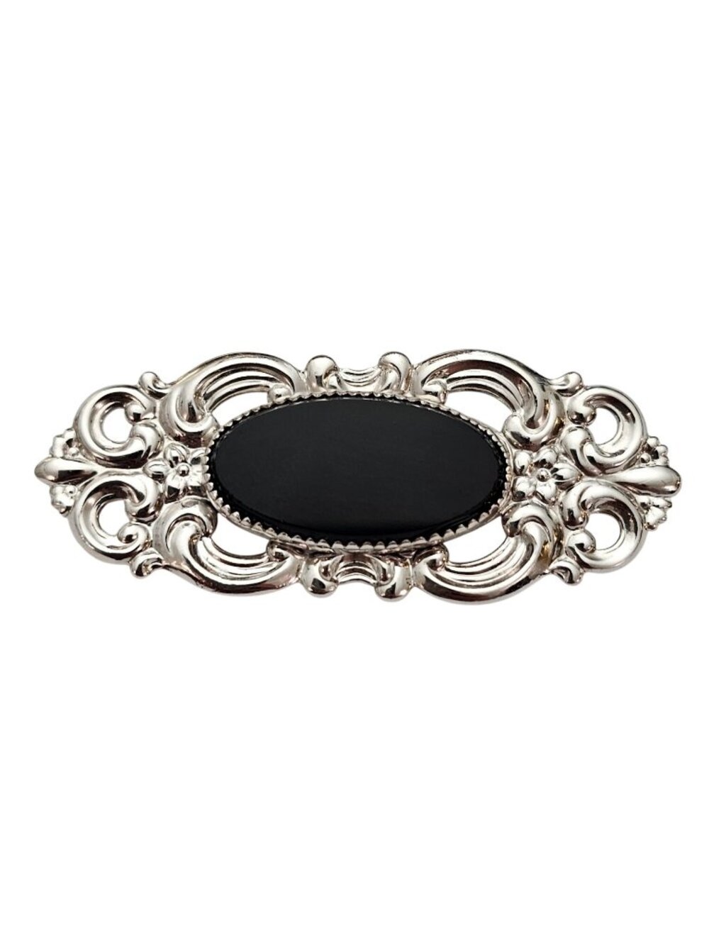Beau Sterling Silver Oval Fleur Scroll Onyx Brooch Repousse Pin, Signed J654